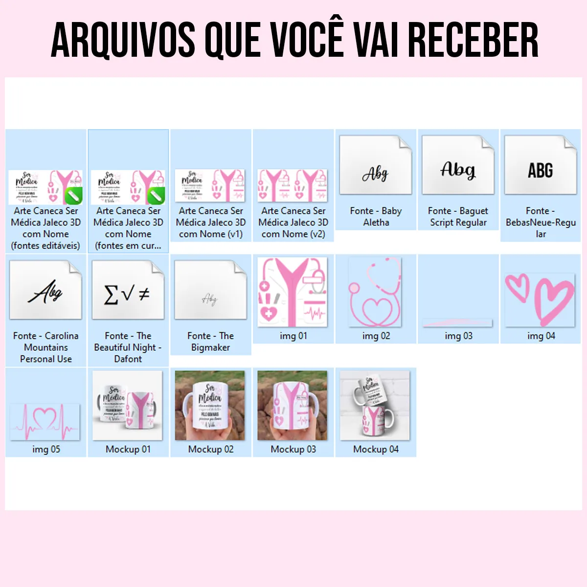 arquivos da arte para caneca médica jaleco 3D com nome, detalhes em rosa, estetoscópio e frase sobre a missão de cuidar da vida