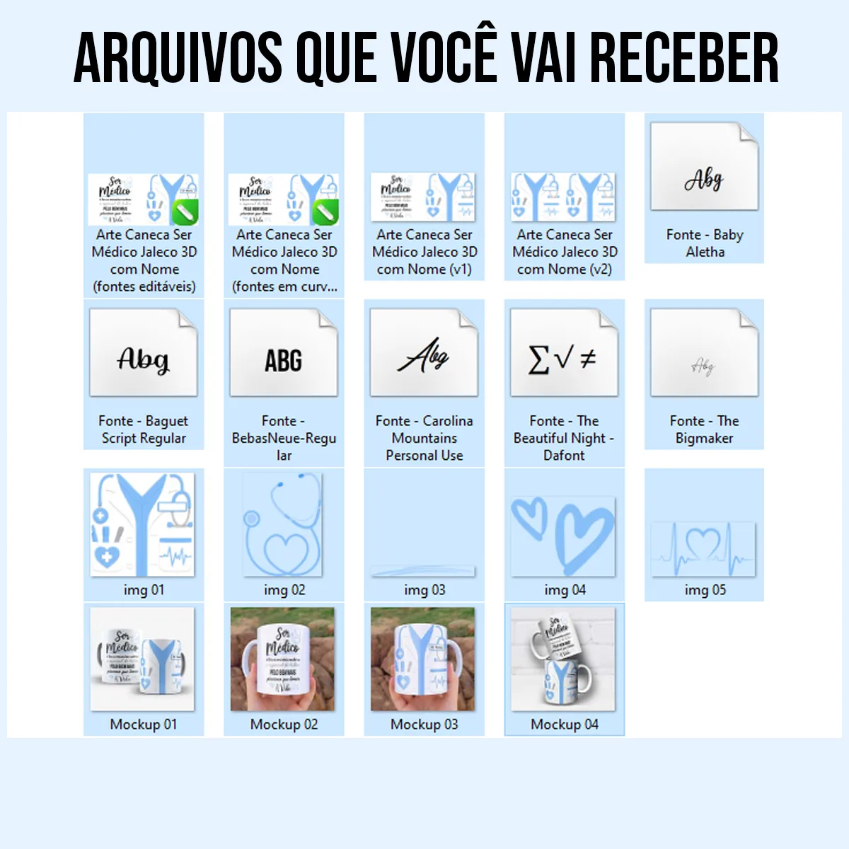 arquivos da arte para caneca médico jaleco 3D com nome, detalhes em azul, estetoscópio e frase sobre a missão de cuidar da vida