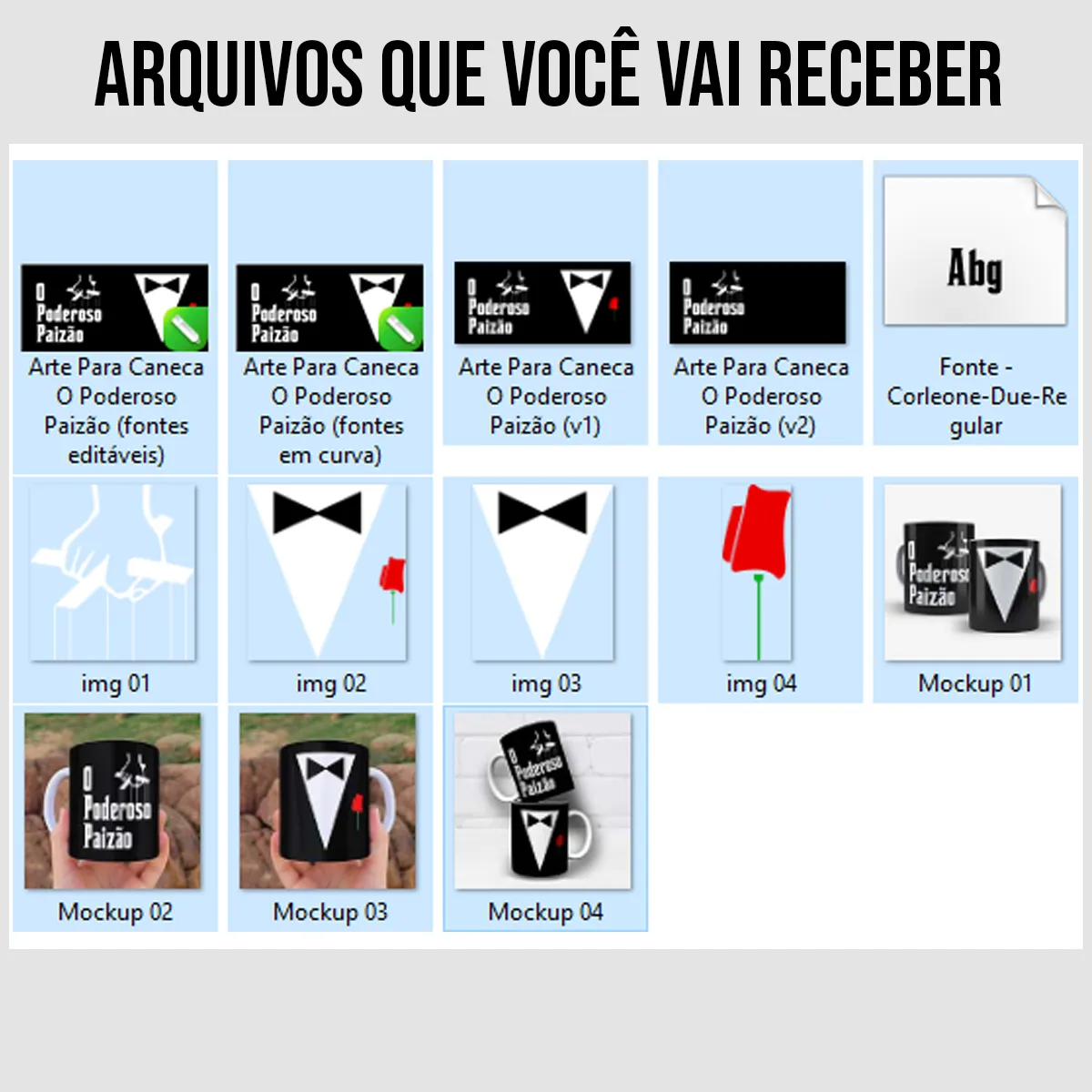 arquivos da arte para caneca o poderoso paizão dia dos pais com frase em destaque, mão segurando fios de marionete, terno com gravata borboleta e rosa vermelha