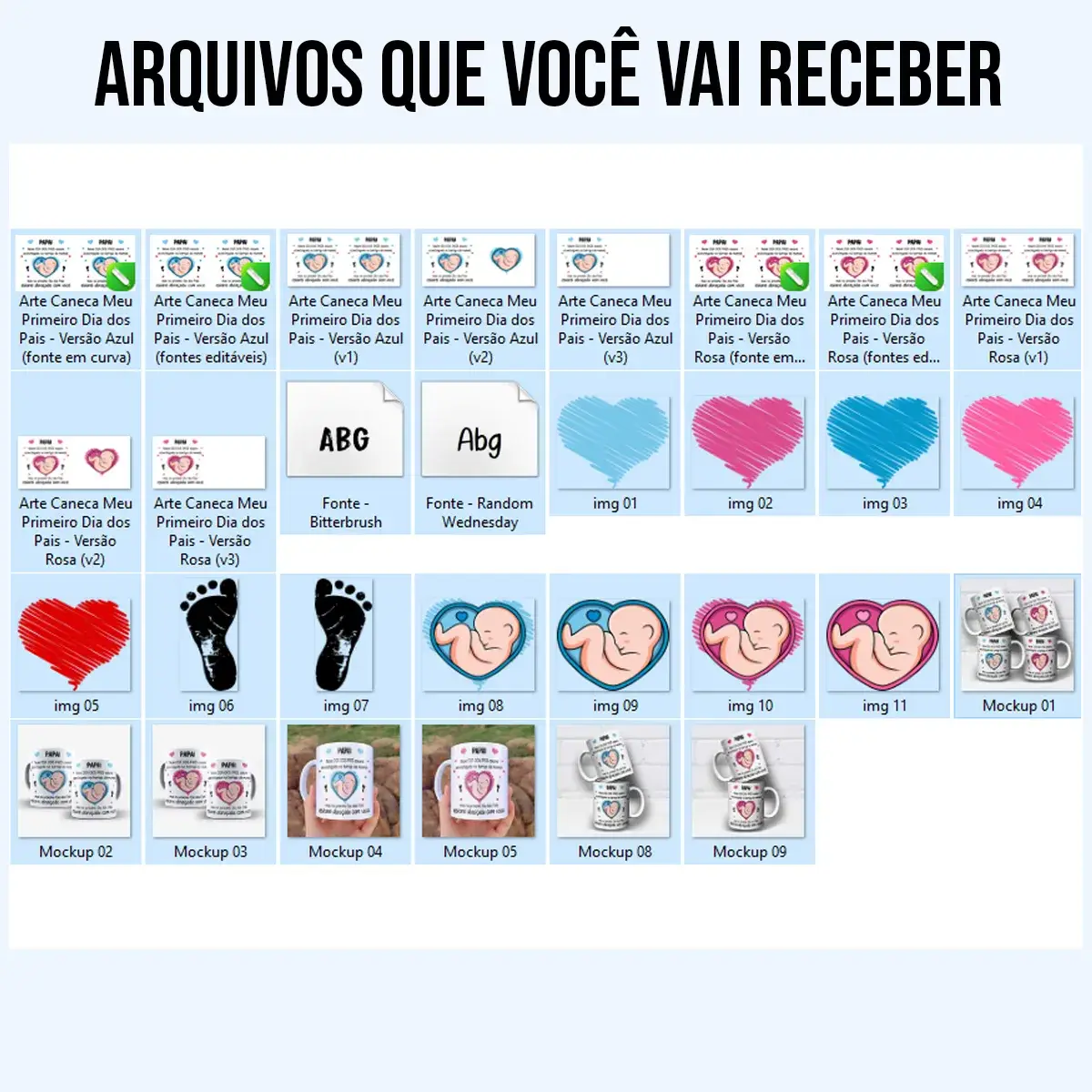 arquivos da arte para caneca primeiro dia dos pais futuro papai: coração com bebê na barriga, corações e pezinhos, uma versão em tons azul e outra em tons rosa