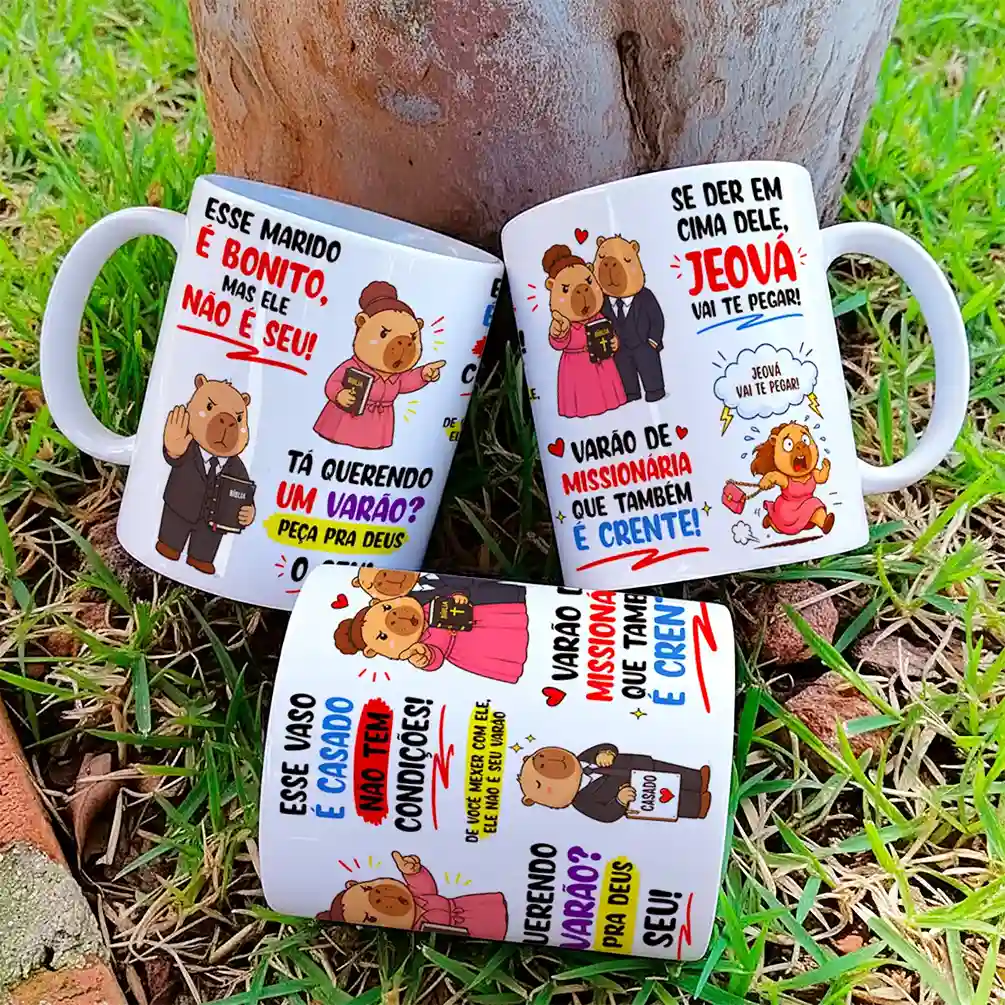 arte para caneca capivara esse marido é bonito mas ele não é seu, com capivaras em cena de igreja e frases bem-humoradas sobre marido casado