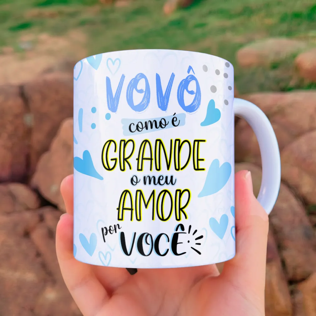 arte para caneca vovô como é grande o meu amor por você, com corações suaves em tons de azul