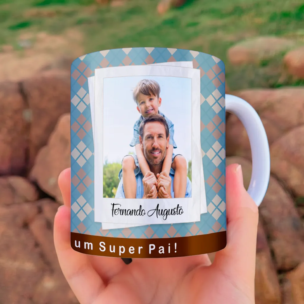 arte para caneca dia dos pais meu pai é o melhor do mundo, fundo azul com losangos, moldura para foto e nome