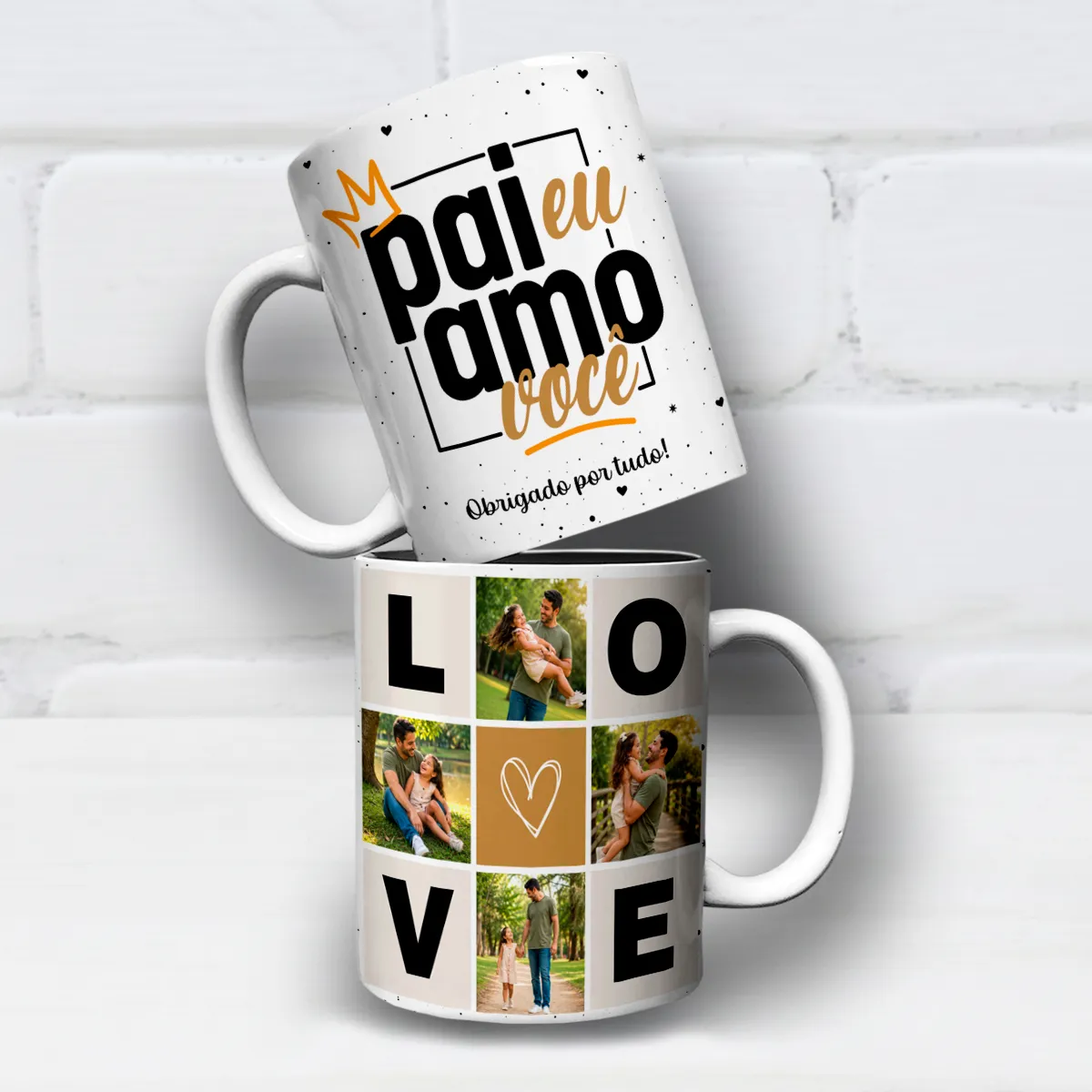 arte para caneca dia dos pais com foto pai eu amo você, com espaço para 4 fotos, frase e detalhe "LOVE"