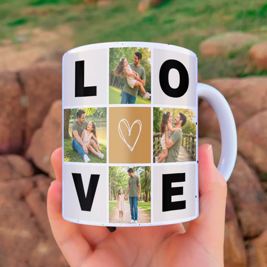 arte para caneca dia dos pais com foto pai eu amo você, com espaço para 4 fotos e detalhe "LOVE"