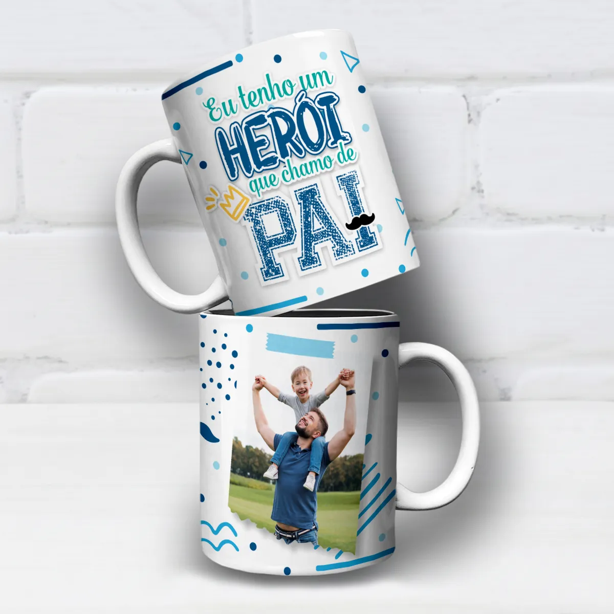 Arte para caneca dia dos pais pai herói com frase "Eu tenho um HERÓI que chamo de PAI" e espaço para foto
