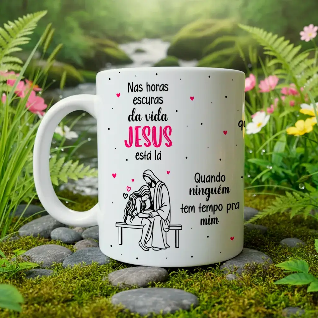 arte para caneca Jesus está lá nas horas mais escuras da vida, com ilustração de Jesus acolhendo uma moça triste em detalhes em preto e rosa