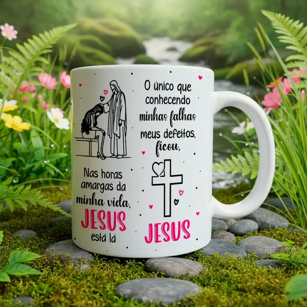 arte para caneca Jesus está lá nas horas mais escuras da vida, com ilustração de Jesus acolhendo uma moça triste, cruz com coração e detalhes em preto e rosa