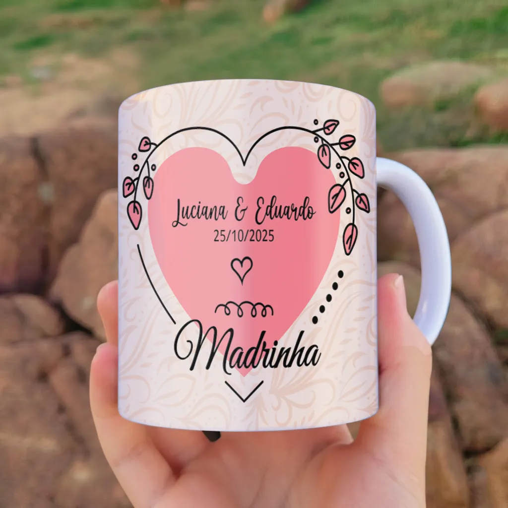 arte para caneca madrinha de casamento com noiva de buquê, com nomes do casal e data personalizáveis