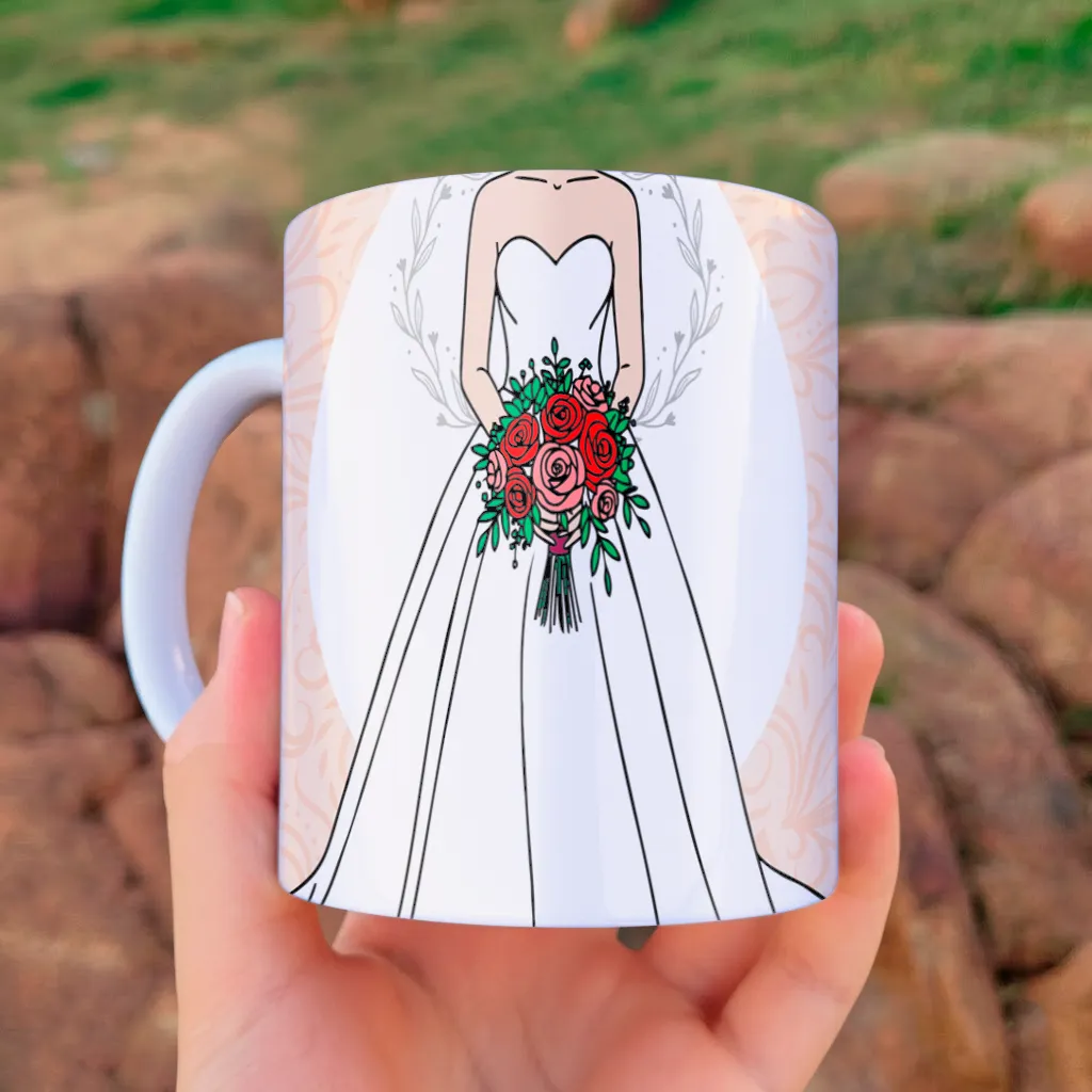arte para caneca madrinha de casamento com noiva de buquê, com nomes do casal e data personalizáveis