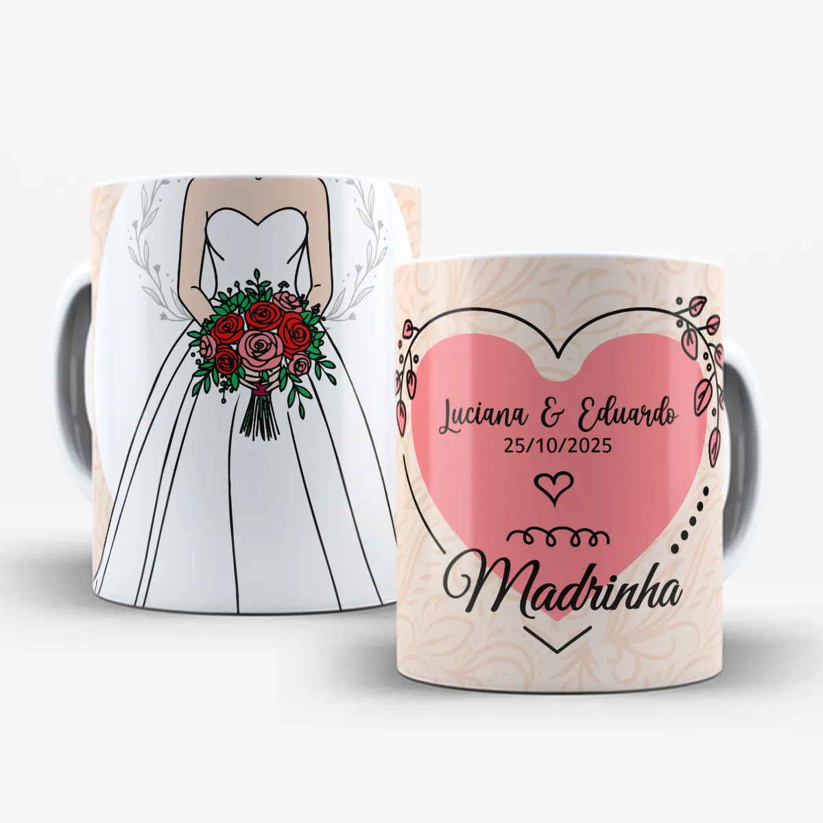 arte para caneca madrinha de casamento com noiva de buquê, com nomes do casal e data personalizáveis