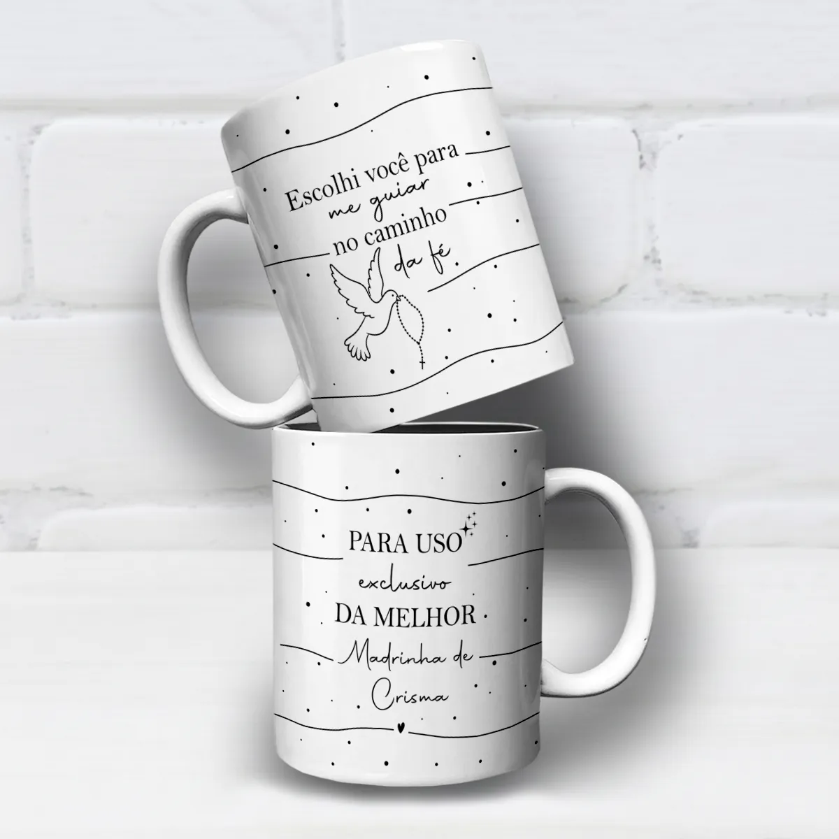 arte para caneca madrinha de crisma caminho da fé com pomba segurando terço e frase de fé