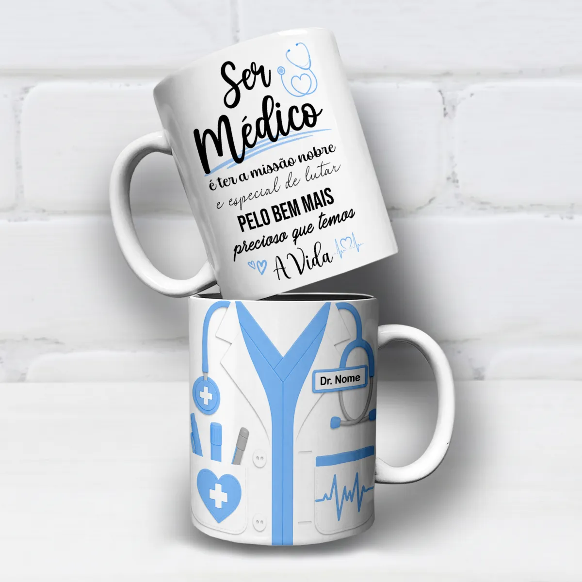 arte para caneca médico jaleco 3D com nome, detalhes em azul, estetoscópio e frase sobre a missão de cuidar da vida
