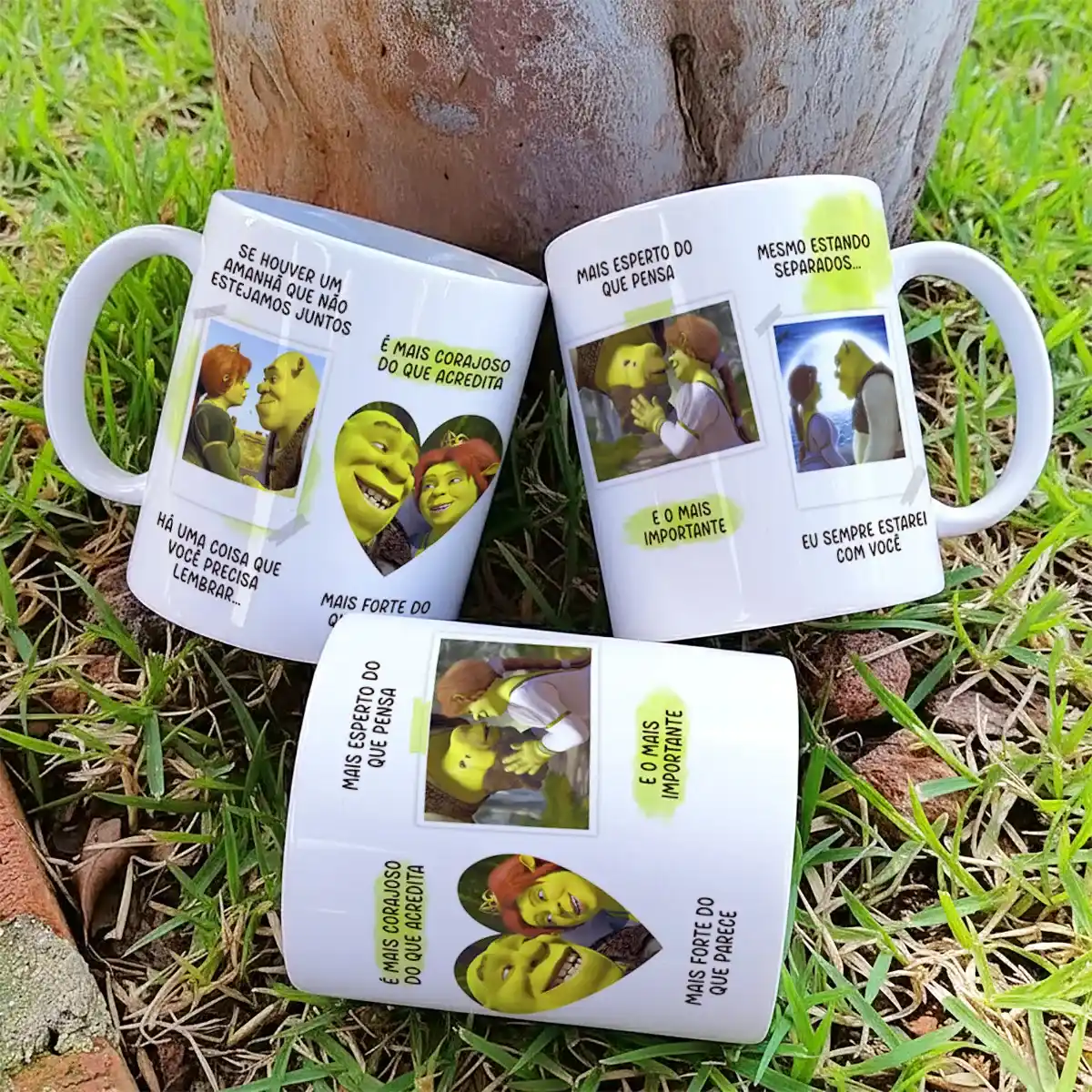 arte para caneca namorados shrek e fiona se houver o amanhã com retratos do casal em molduras polaroid e coração