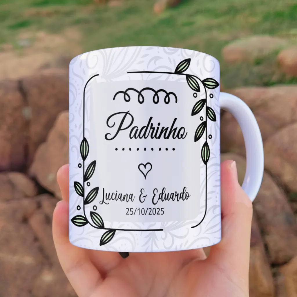 arte para caneca padrinho de casamento com noivo de traje social, com nomes do casal e data personalizáveis