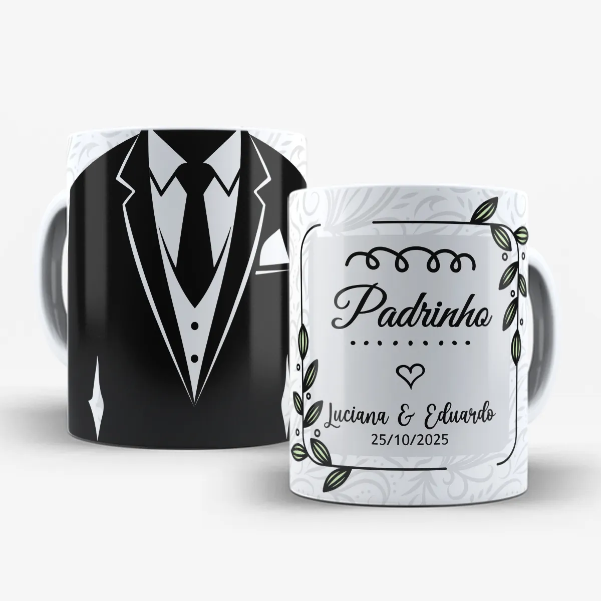 arte para caneca padrinho de casamento com noivo de traje social, com nomes do casal e data personalizáveis
