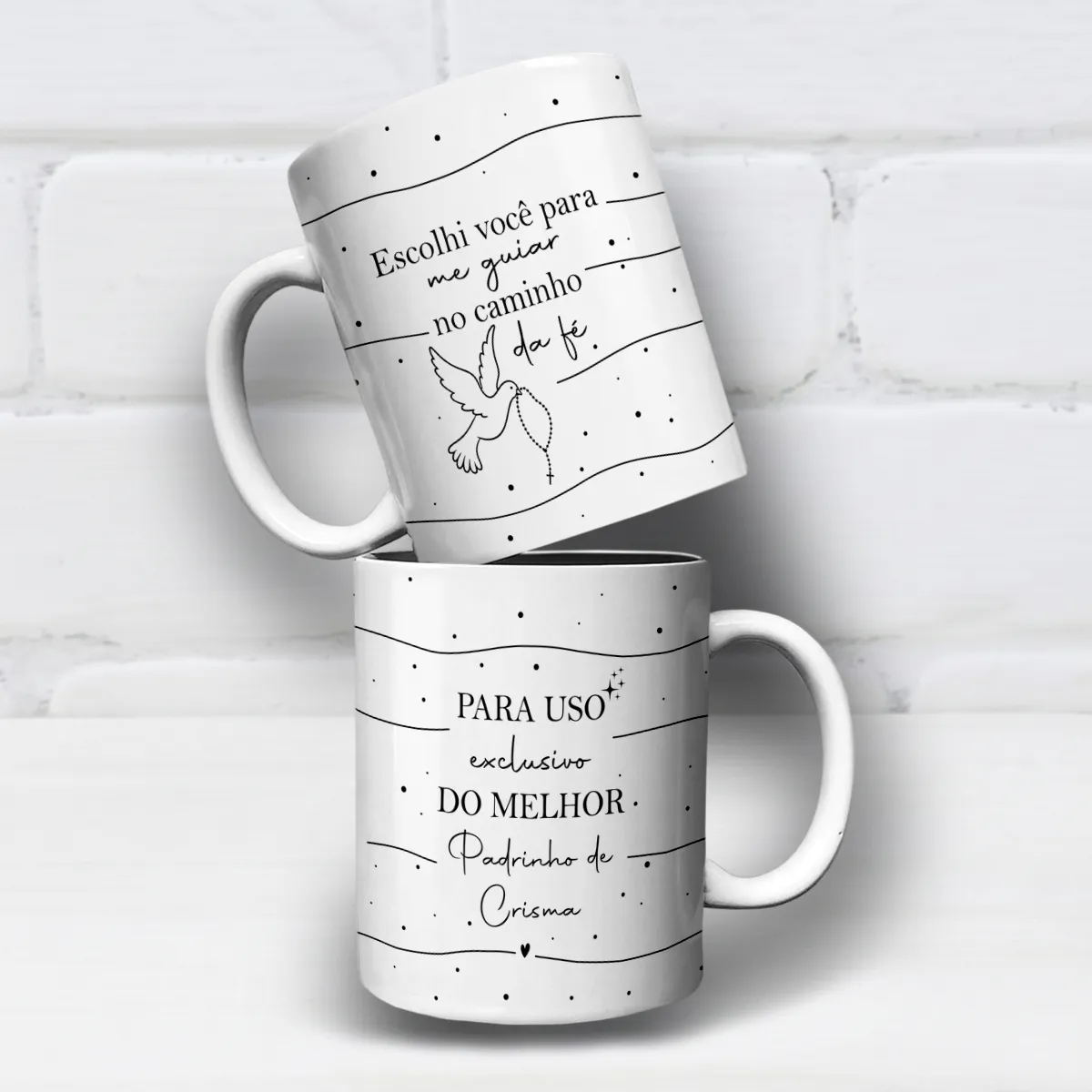 arte para caneca padrinho de crisma caminho da fé com pomba segurando terço e frase de fé