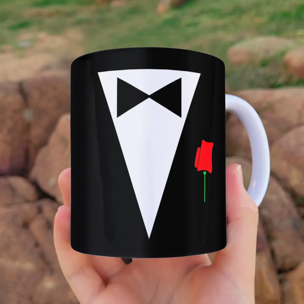 arte para caneca o poderoso paizão dia dos pais com terno com gravata borboleta e rosa vermelha