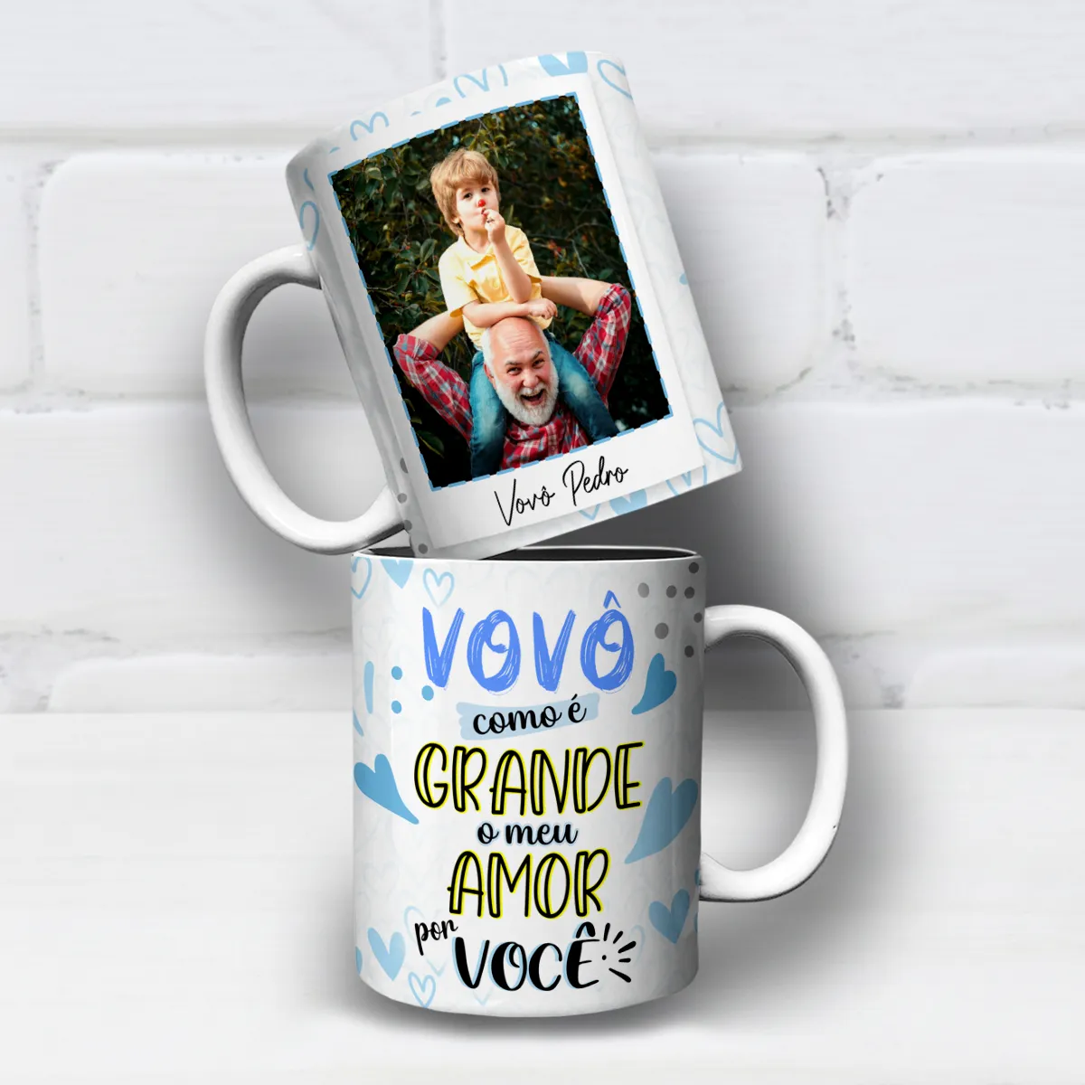 arte para caneca vovô como é grande o meu amor por você, com corações suaves em tons de azul e espaço para foto e nome personalizados