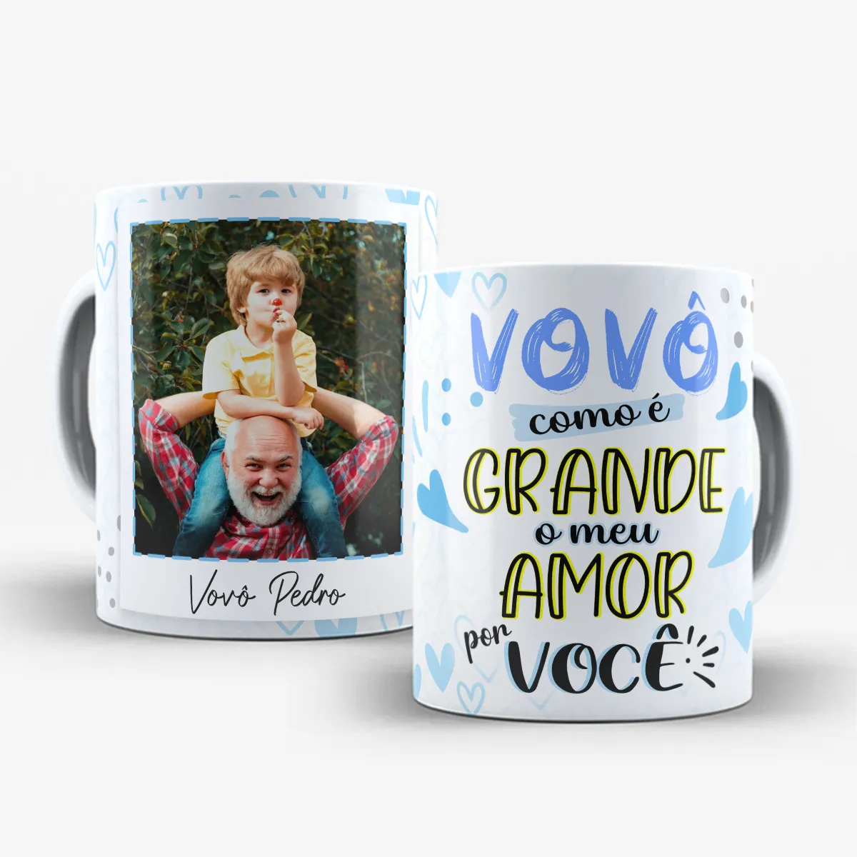 arte para caneca vovô como é grande o meu amor por você, com corações suaves em tons de azul e espaço para foto e nome personalizados