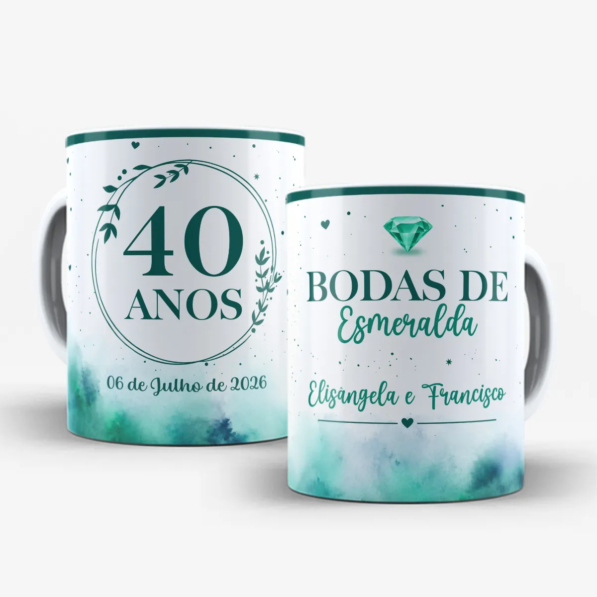 arte para caneca 40 anos de casados bodas de esmeralda com esmeralda, folhas, corações, fundo aquarela verde e espaço para nomes e data