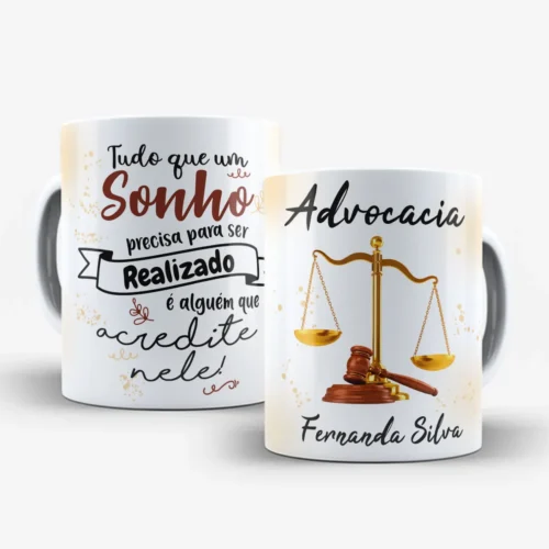 arte para caneca advocacia advogada: balança da justiça, martelo, título "Advocacia" e espaço para nome personalizado