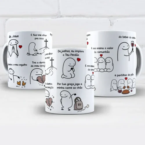 arte para caneca Ah Jesus Flork com personagens em cena de oração, trazendo frases da música e mensagem de comunhão com Deus