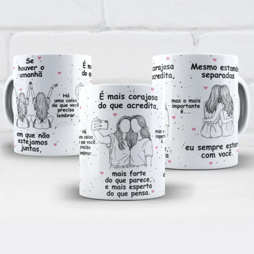 arte para caneca amiga se houver o amanhã, com ilustrações de duas amigas e frase sobre amizade
