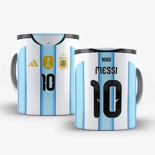 arte para caneca camisa Argentina 2026 Messi com listras azul claro e branco, número 10, escudo e selo de campeã mundial 2022