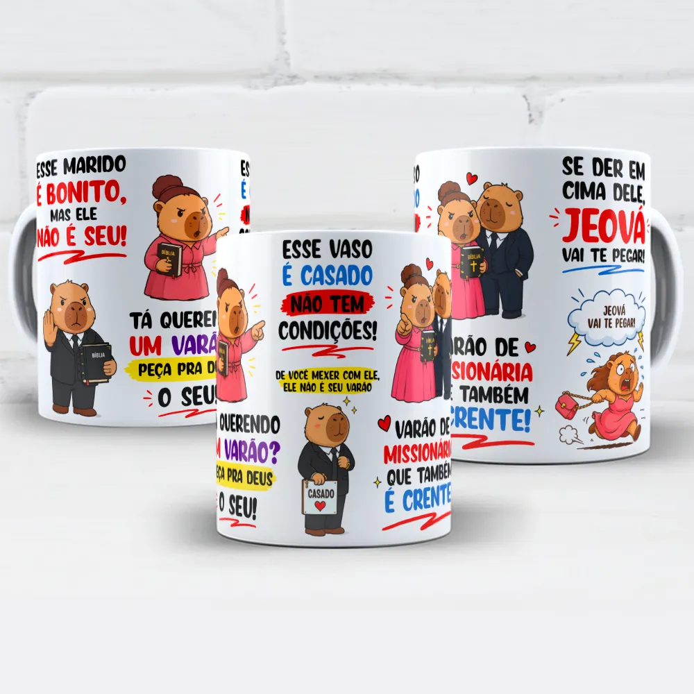 arte para caneca capivara esse marido é bonito mas ele não é seu, com capivaras em cena de igreja e frases bem-humoradas sobre marido casado