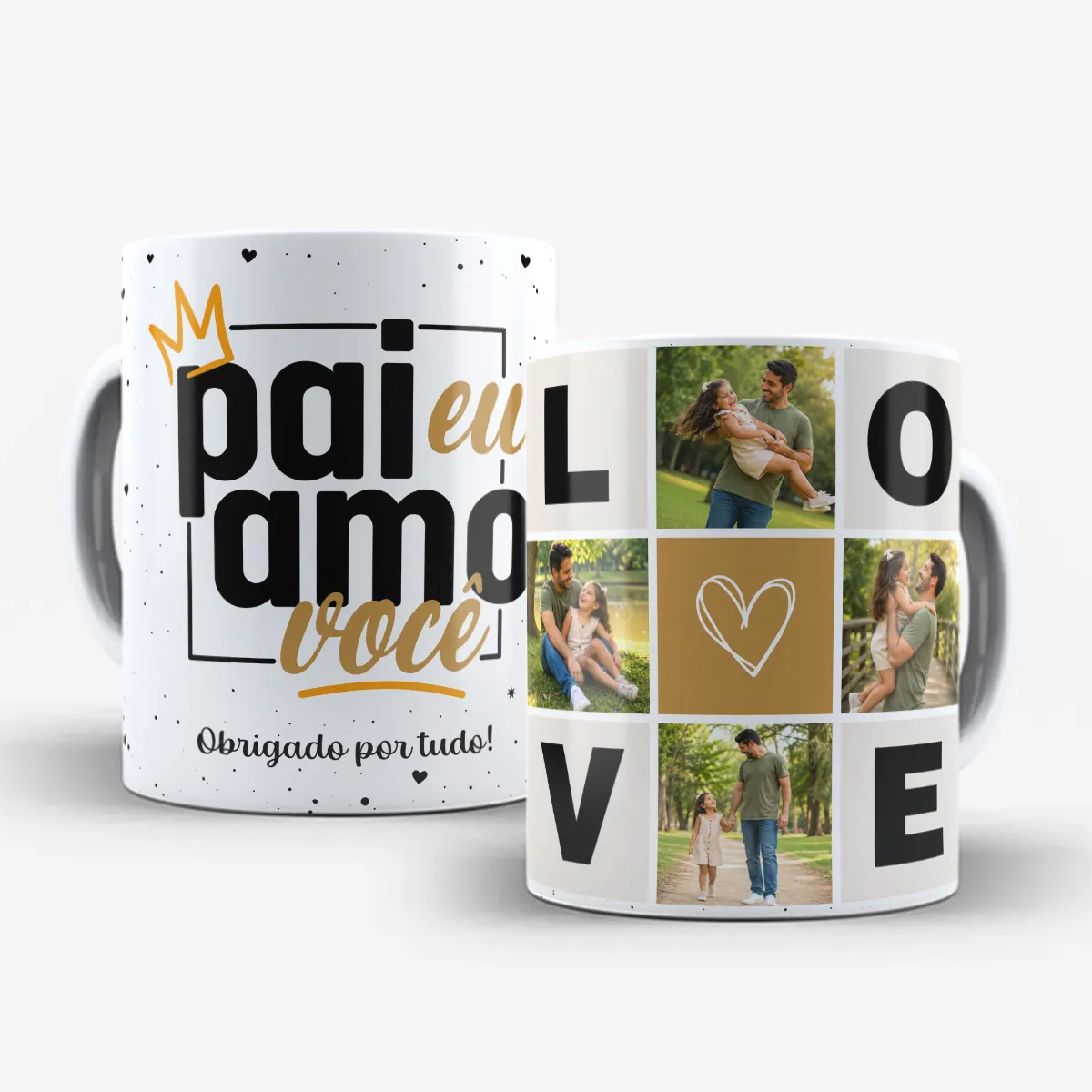 arte para caneca dia dos pais com foto pai eu amo você, com espaço para 4 fotos, frase e detalhe "LOVE"