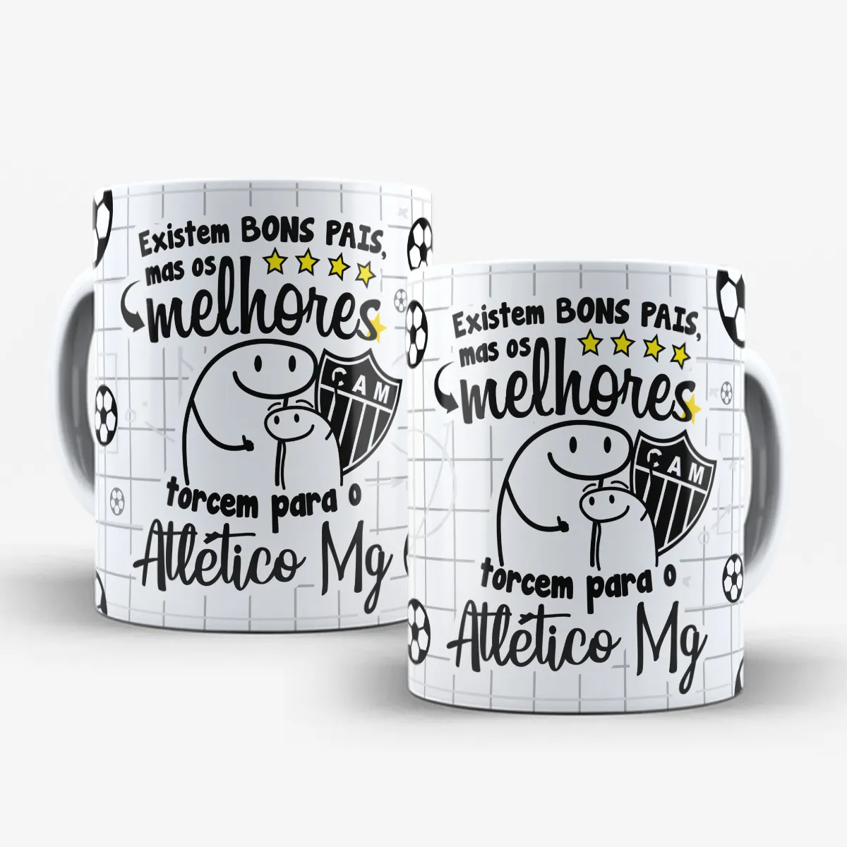 arte para caneca dia dos pais flork time de futebol, personagens de pai e filho abraçados com a frase "Existem BONS PAIS, mas os melhores torcem para o Atlético Mineiro"