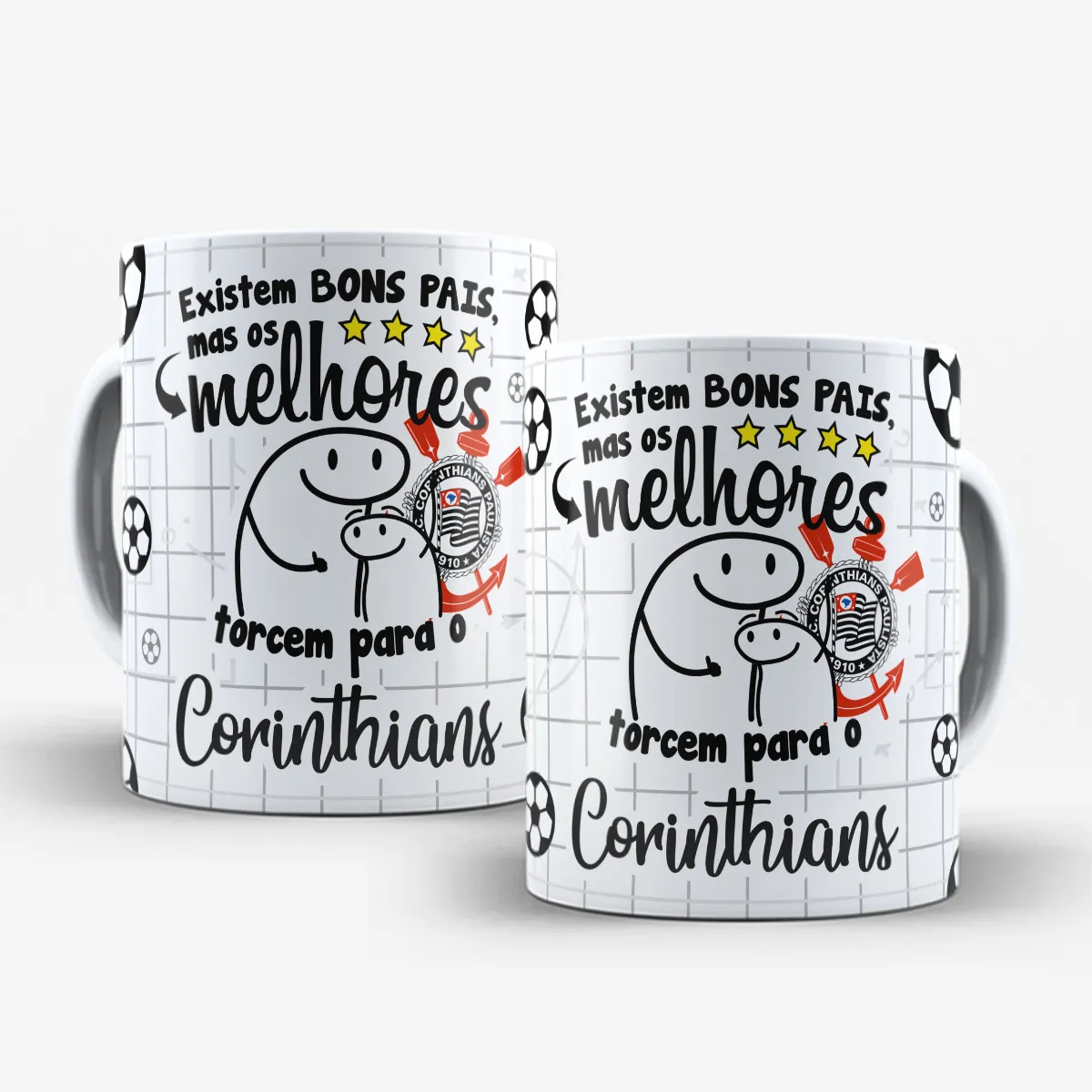 arte para caneca dia dos pais flork time de futebol, personagens de pai e filho abraçados com a frase "Existem BONS PAIS, mas os melhores torcem para o Corinthians"