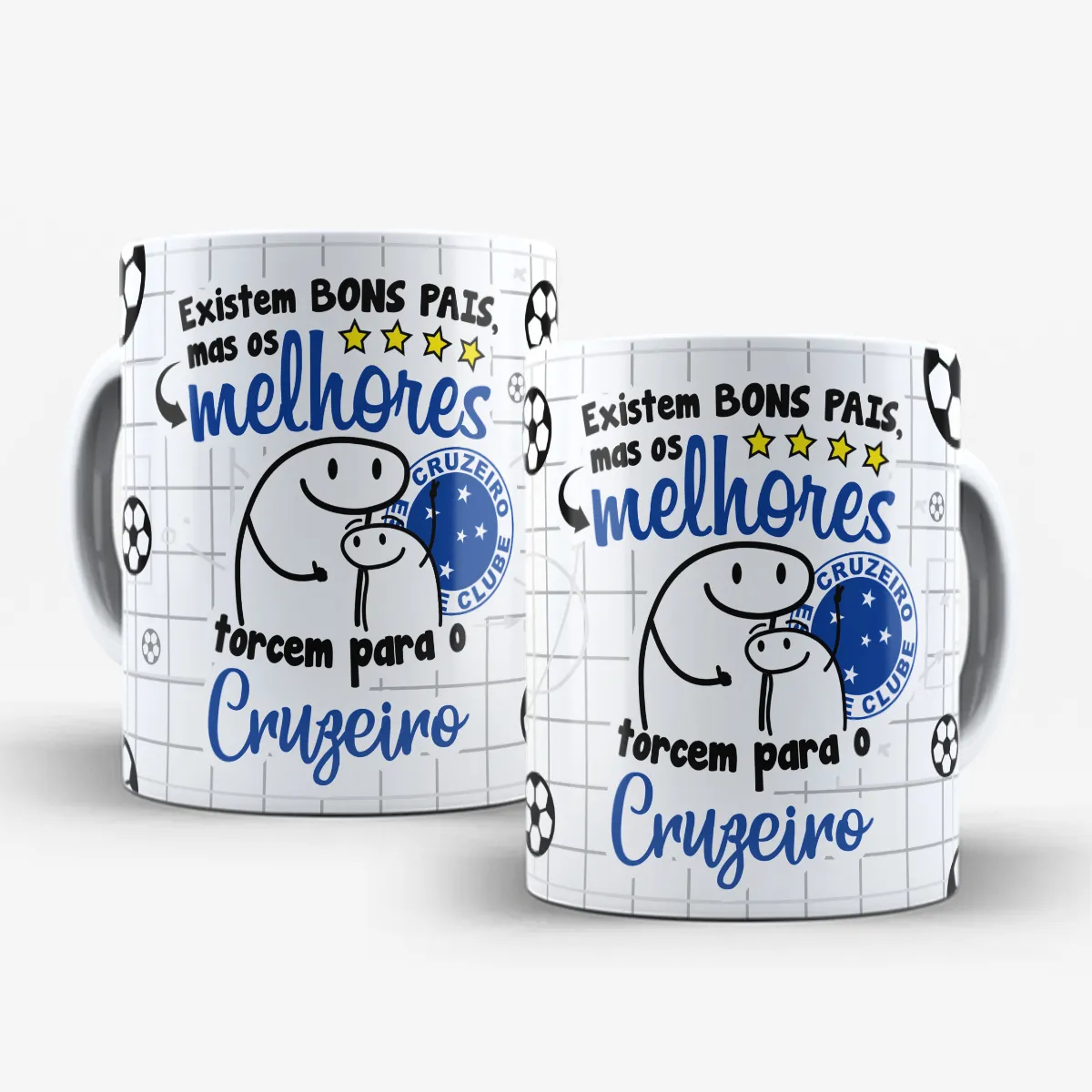 arte para caneca dia dos pais flork time de futebol, personagens de pai e filho abraçados com a frase "Existem BONS PAIS, mas os melhores torcem para o Cruzeiro"
