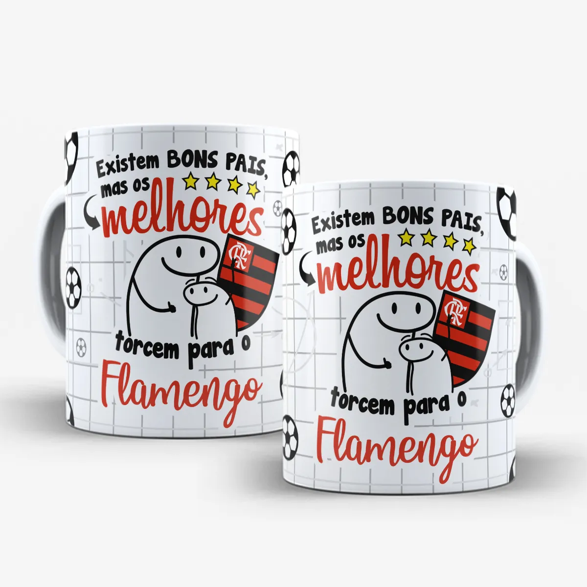 arte para caneca dia dos pais flork time de futebol, personagens de pai e filho abraçados com a frase "Existem BONS PAIS, mas os melhores torcem para o Flamengo"