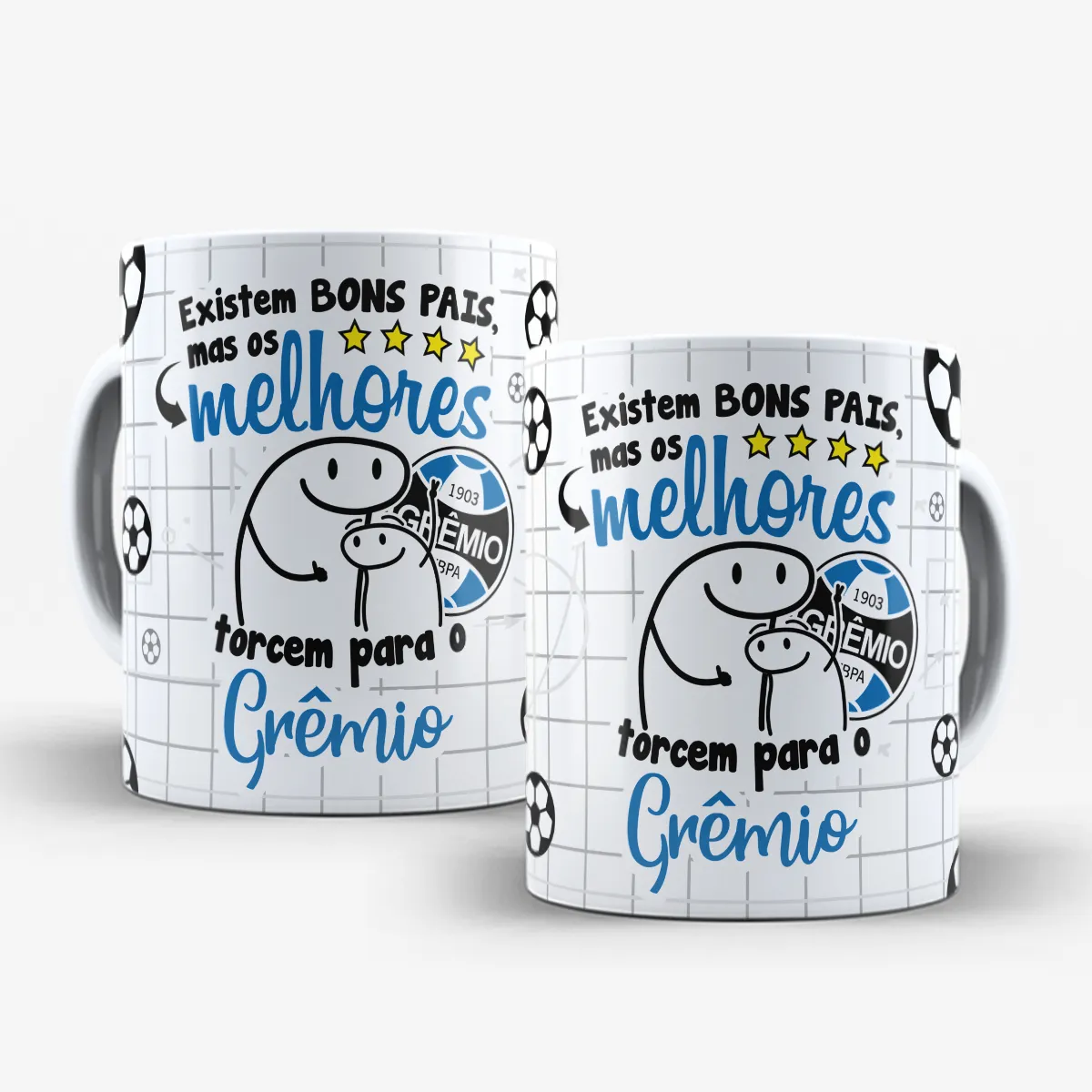 arte para caneca dia dos pais flork time de futebol, personagens de pai e filho abraçados com a frase "Existem BONS PAIS, mas os melhores torcem para o Grêmio"