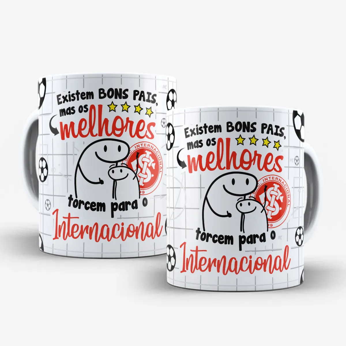 arte para caneca dia dos pais flork time de futebol, personagens de pai e filho abraçados com a frase "Existem BONS PAIS, mas os melhores torcem para o Internacional"