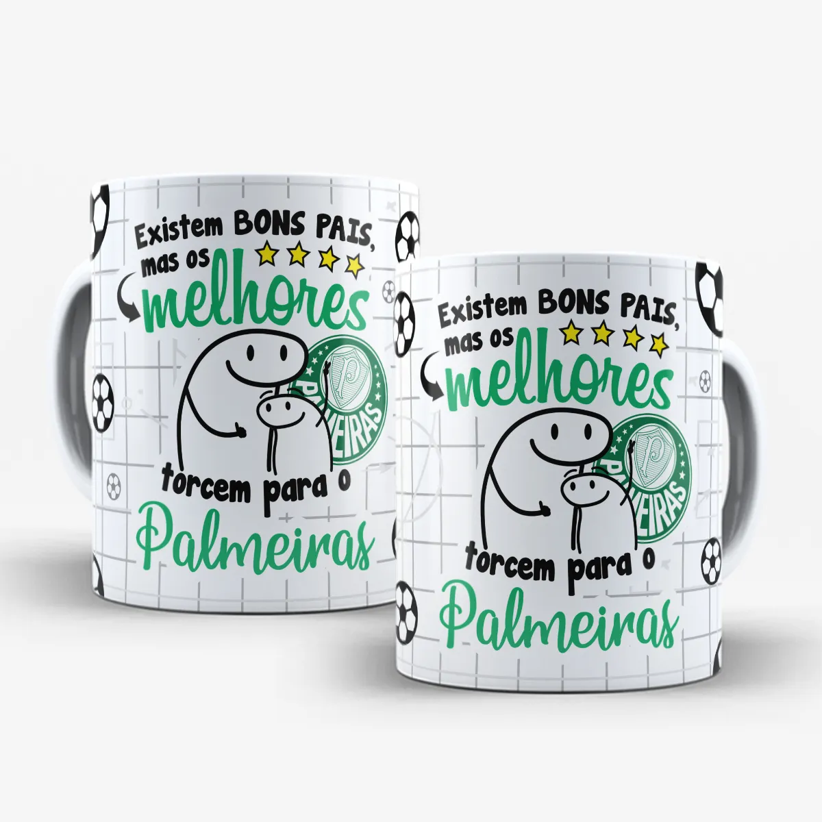 arte para caneca dia dos pais flork time de futebol, personagens de pai e filho abraçados com a frase "Existem BONS PAIS, mas os melhores torcem para o Palmeiras"