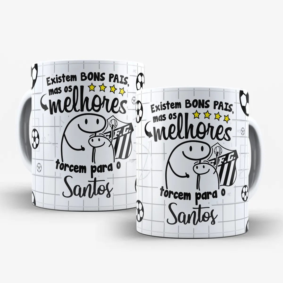 arte para caneca dia dos pais flork time de futebol, personagens de pai e filho abraçados com a frase "Existem BONS PAIS, mas os melhores torcem para o Santos"