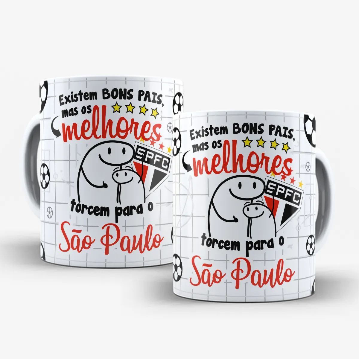 arte para caneca dia dos pais flork time de futebol, personagens de pai e filho abraçados com a frase "Existem BONS PAIS, mas os melhores torcem para o São Paulo"