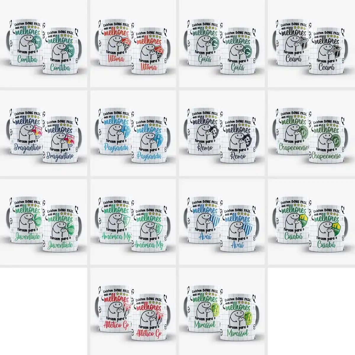 arte para caneca dia dos pais flork time de futebol, personagens de pai e filho abraçados com a frase "Existem BONS PAIS, mas os melhores torcem para o" seguida do nome e escudo do time de coração