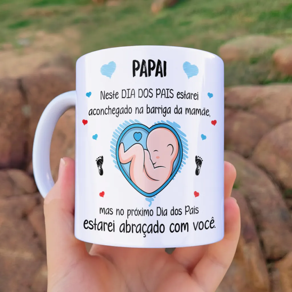 arte para caneca primeiro dia dos pais futuro papai: coração com bebê na barriga, corações e pezinhos, tons azul