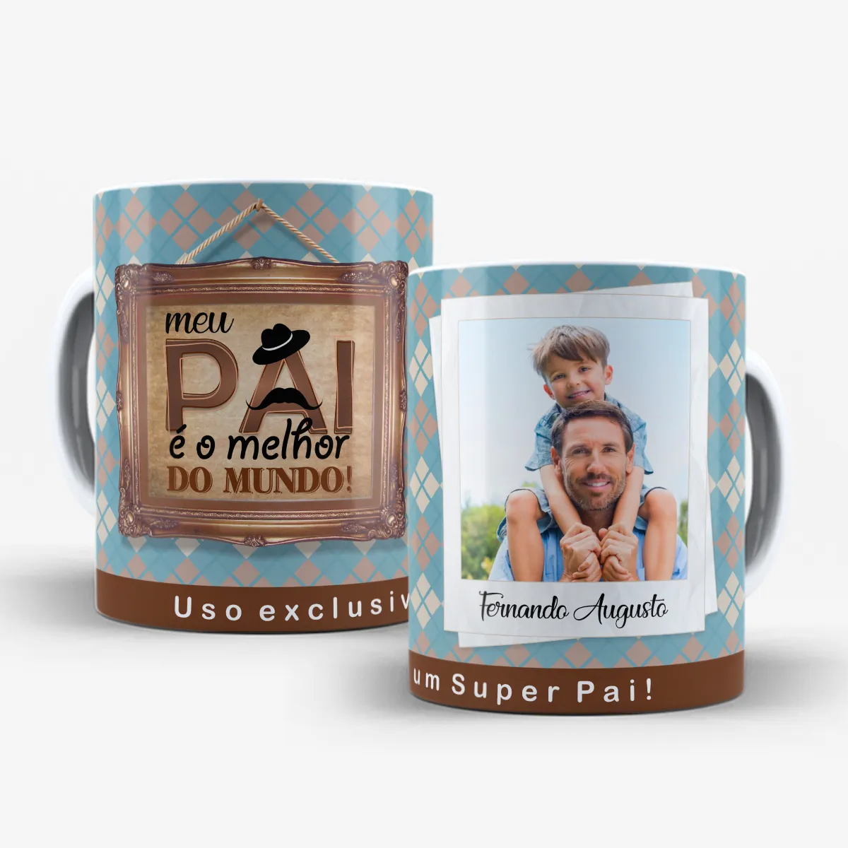 arte para caneca dia dos pais meu pai é o melhor do mundo, fundo azul com losangos, moldura para foto e nome