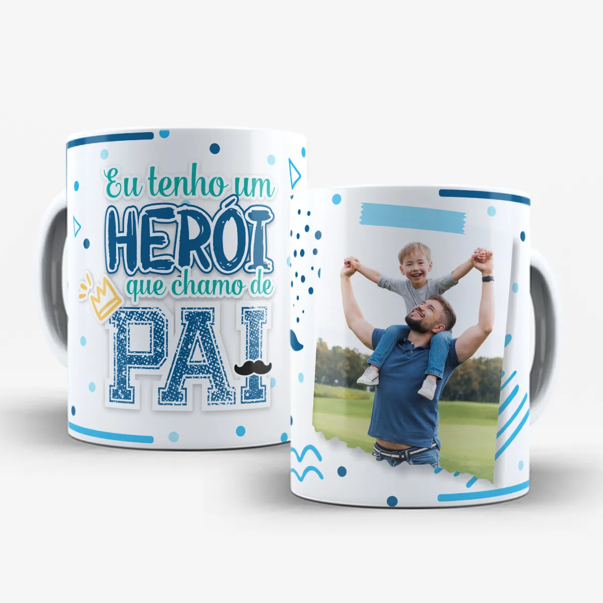 Arte para caneca dia dos pais pai herói com frase "Eu tenho um HERÓI que chamo de PAI" e espaço para foto