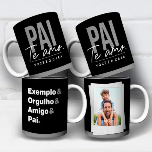 arte para caneca dia dos pais pai te amo você é o cara, fundo preto, moldura para foto do papai personalizável