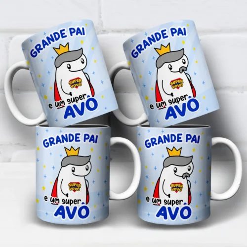 arte para caneca grande pai e um super avô dia dos pais com Flork usando coroa e capa vermelha, frase "grande pai e um super avô"