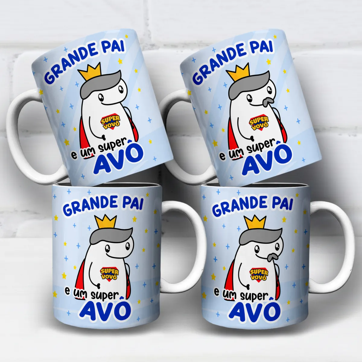 arte para caneca grande pai e um super avô dia dos pais com Flork usando coroa e capa vermelha, frase "grande pai e um super avô"