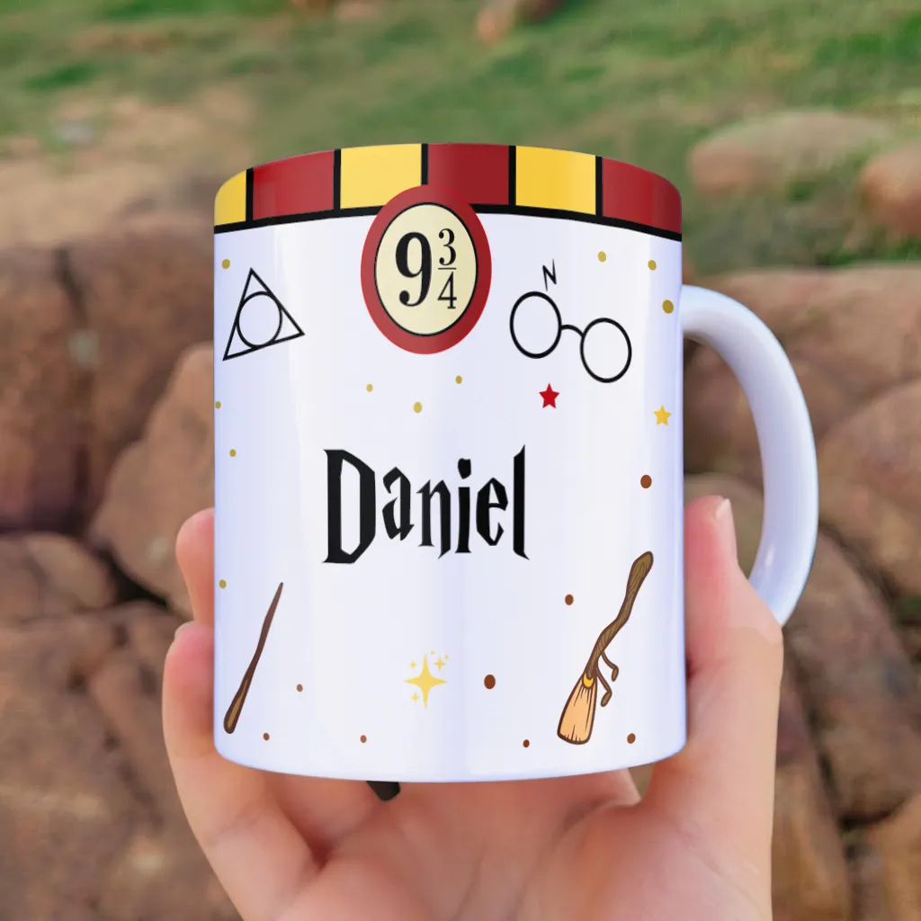 arte para caneca Harry Potter cute com nome, símbolo 9¾ e espaço para personalização do nome