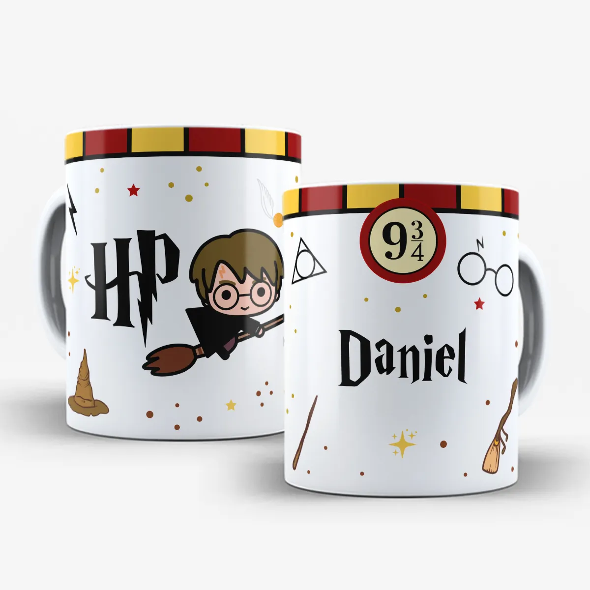arte para caneca Harry Potter cute com nome, Harry voando na vassoura, símbolo 9¾ e espaço para personalização do nome