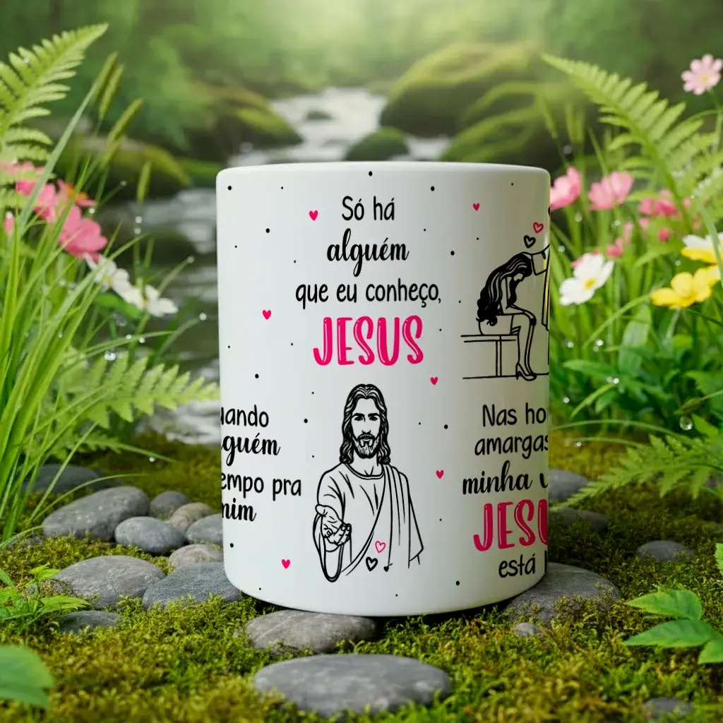 arte para caneca Jesus está lá nas horas mais escuras da vida, com ilustração de Jesus acolhendo uma moça triste em detalhes em preto e rosa